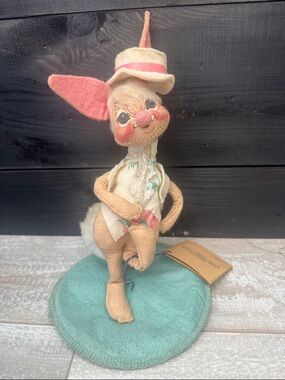 Vintage Annalee Easter Bunny Doll on stand 1965 tag attached Antique
